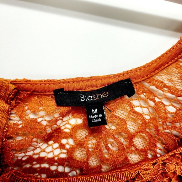 Rust Orange Lace & Sheer Ruffle Sleeve Crop Top By Blåshe Size M - Picture 2 of 10